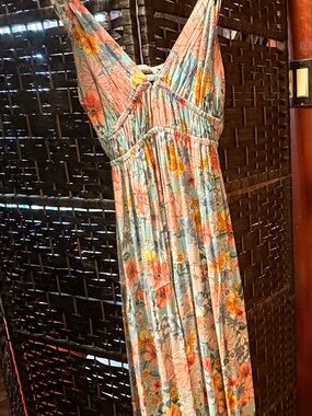 Angie Floral Rayon Maxi Dress in Coral, Yellow & Light Blue